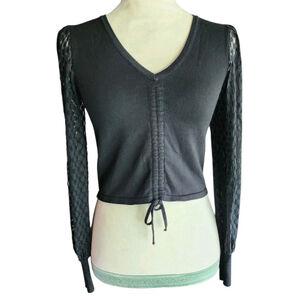 Nikka K Black Ruched Front Lace Sheer Sleeve Top Women's S
